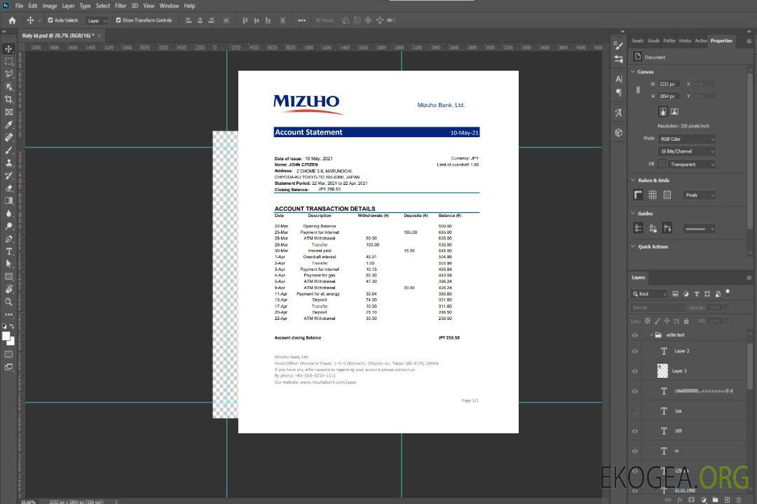 Modèle de relevé bancaire Japon Mizuho au format de fichier .xls et .pdf template Modèle de relevé bancaire Japon Mizuho au format de fichier .xls et .pdf template